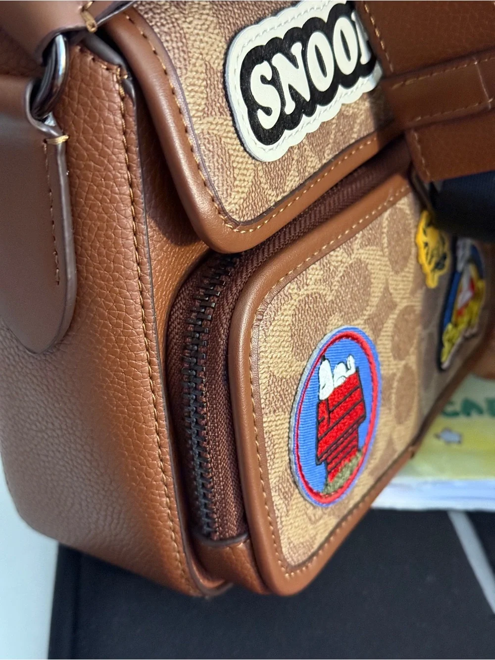 Coach Brown Signature Snoopy Patch Canvas Messenger Bag